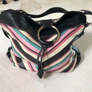 Striped leather bucket purse